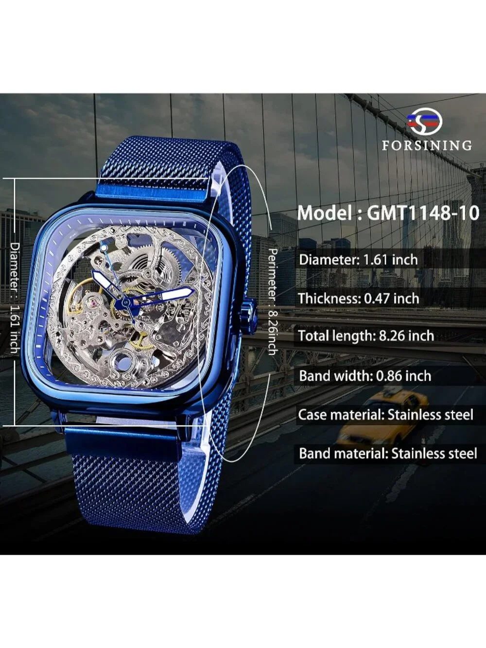 Men's Blue Automatic Mechanical Skeleton Stainless Steel Transparent Dial Watch